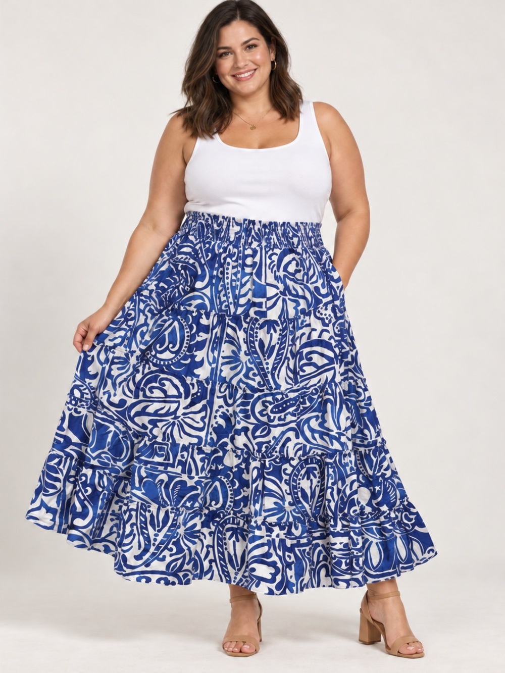CeCe 100% cotton Blue and White Printed Tiered Maxi Skirt size 3X